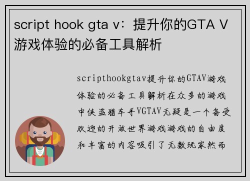 script hook gta v：提升你的GTA V游戏体验的必备工具解析